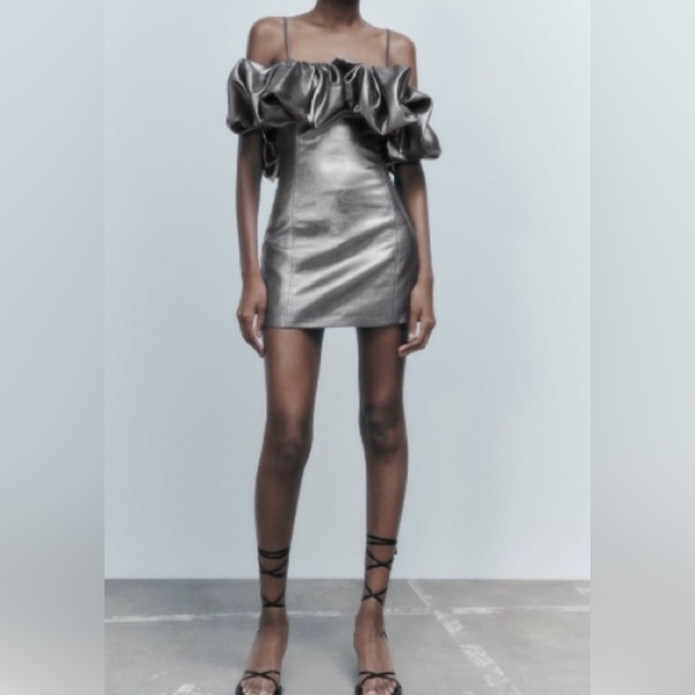 Zara Metallic Silver Off-Shoulder Ruffle Mini Dress